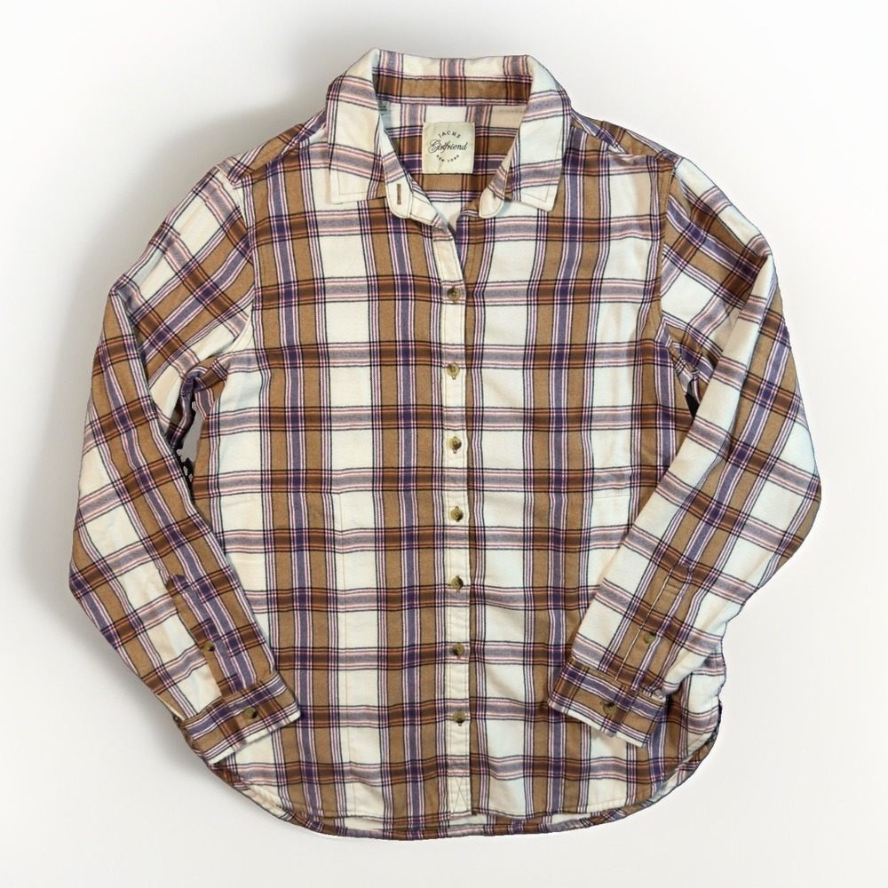 JACHS Girlfriend Womens S Plaid Flannel Shirt Brown Purple Button Up Pockets